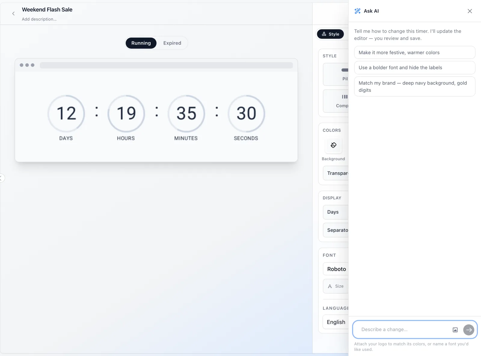 The flashtimer editor with the Edit with AI panel open, offering prompts to restyle an email countdown timer
