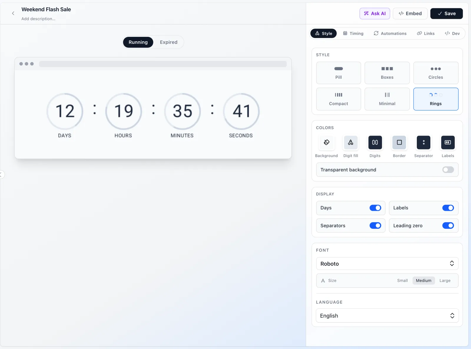 The flashtimer editor styling a custom countdown timer with the Rings layout, colours and font settings