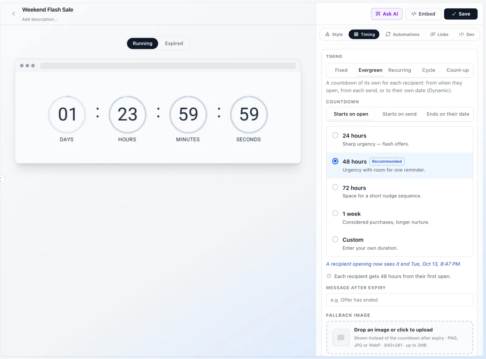 Setting up an evergreen countdown timer in flashtimer: starts on open, 48 hours per recipient
