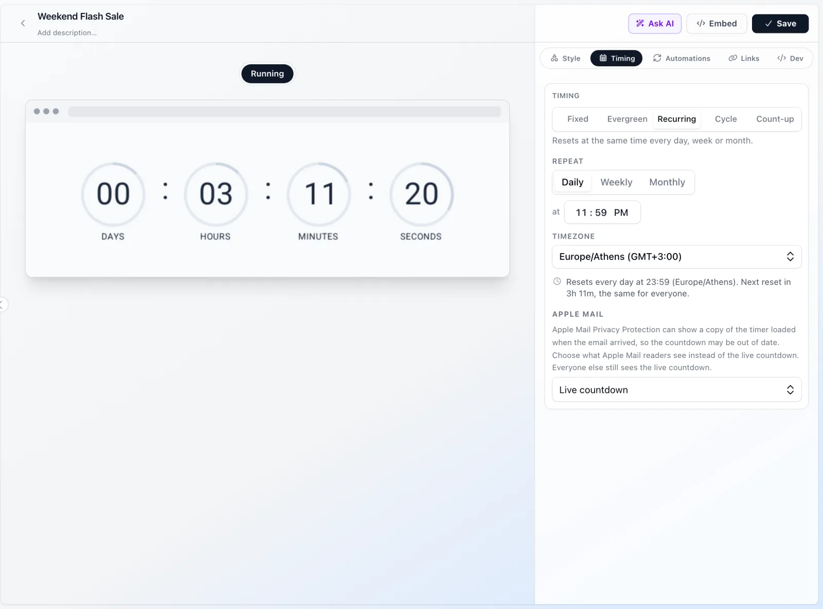 A recurring countdown timer in flashtimer that resets every day at 23:59 Europe/Athens time