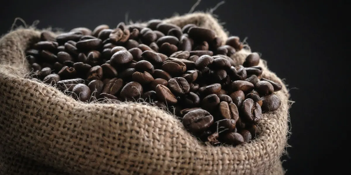 Coffee beans spilling from a burlap sack